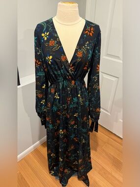 Floral Long Sleeve V-Neck Maxi Dress - Black with Teal & Orange Floral (35)